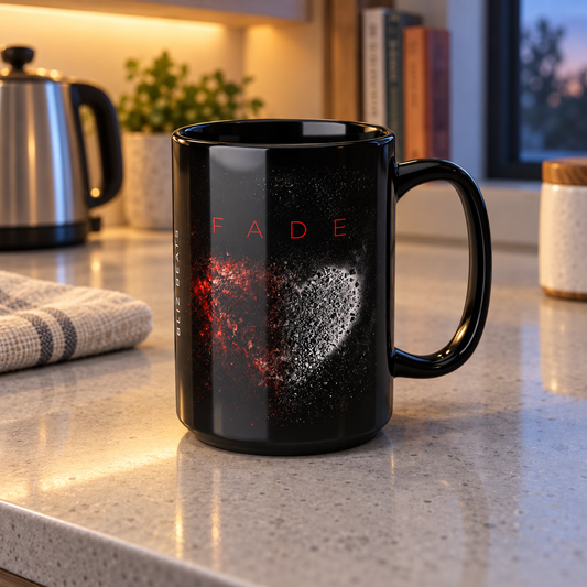 A black ceramic mug with a red and white heart design and the word 'FADE' on the front, sitting on a kitchen countertop with a kettle and other kitchen items blurred in the background.