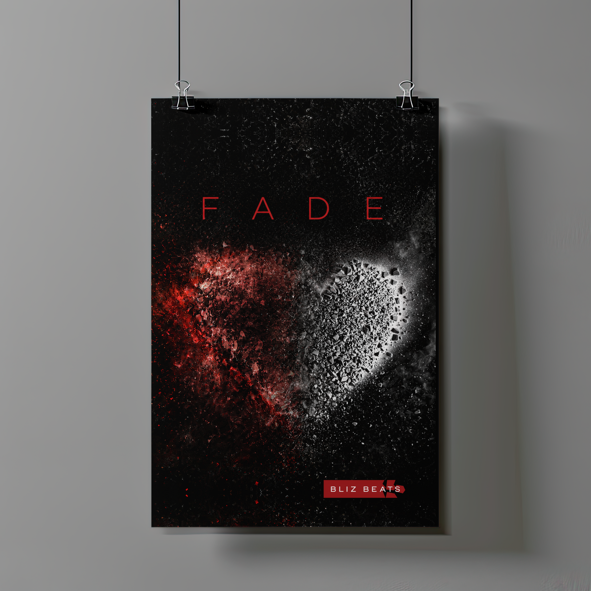 A vertical music poster for the band BLIZ BEATS, featuring a black background with a heart-shaped white explosion and a red explosion on the left side. The word 'FADE' is written in red at the top, and 'BLIZ BEATS' is written in a red banner at the bottom.